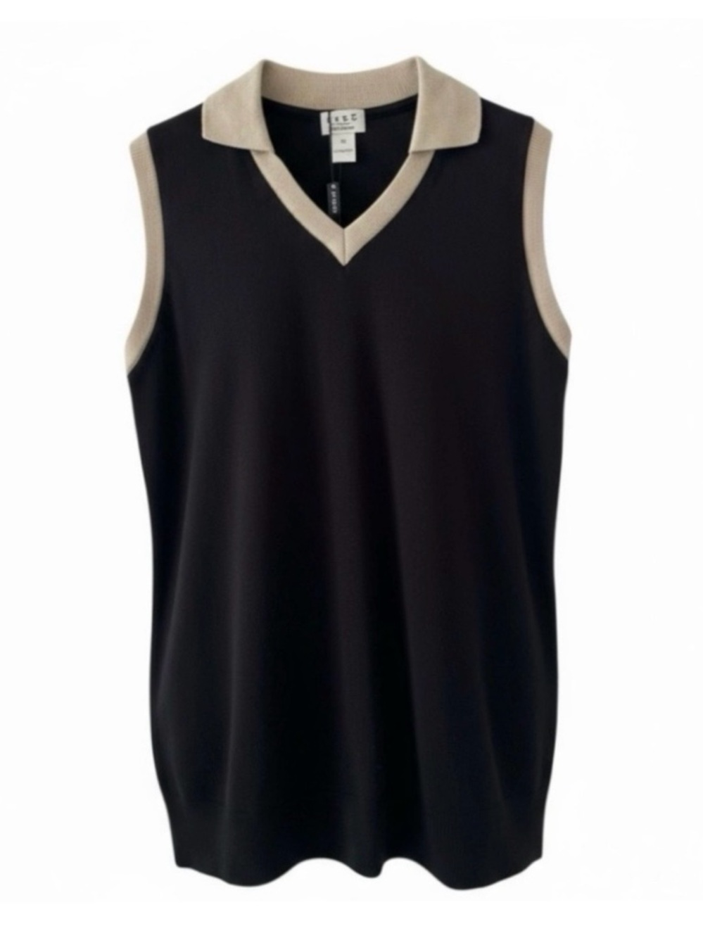 Como Sport Black with Tan Trim Sleeveless V-Neck Knit Polo Top Size Small